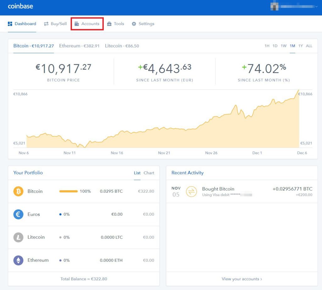 Tuto Bitcoins Coinbase vers Bitfinex - 04 - Coinbase Dashboard